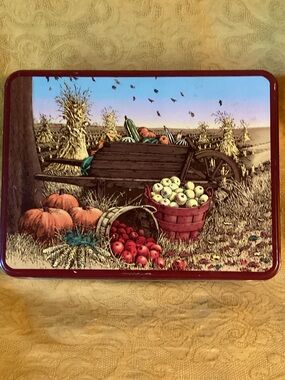 Harvest Wagon Tin with Apples & Pumpkins - Autumn Scene